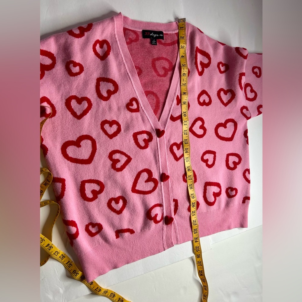 33 Degrees Pink and Red Heart Cardigan women sz Large Valentines cottagecore - Picture 11 of 12